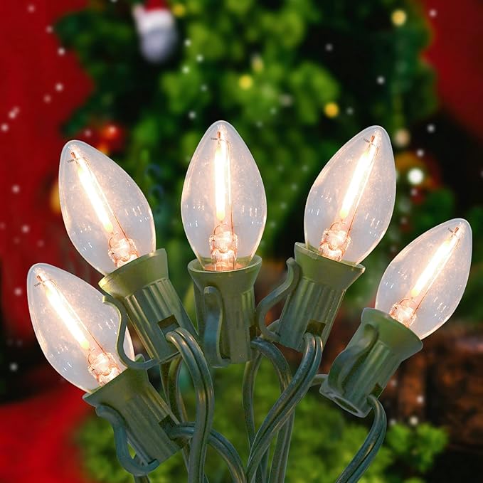 C7 Clear LED Christmas Lights, C7 Clear Christmas String Lights with 27 Clear LED Bulbs (Plus 2 Extra Bulbs) for Christmas Holiday Season Party Indoor&Outdoor Patio Backyard Decoration (25Ft, Clear)