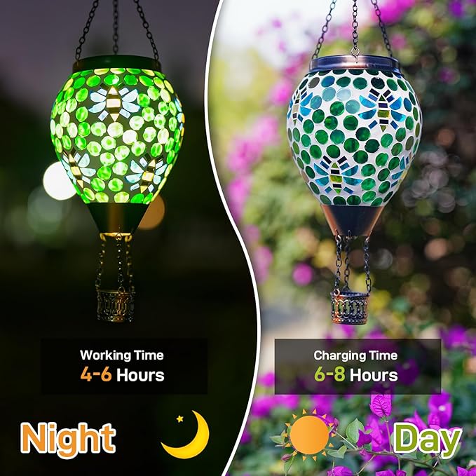 Bee Solar Hot Air Balloon Lantern Outdoor Waterproof, Green Mosaic Glass Hanging Solar Lantern Lights, Outdoor Hanging Lights for Patio Yard Garden Gift for Mom Grandma Women