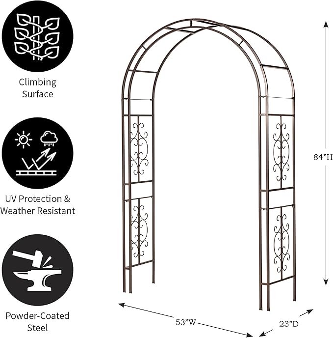 Evergreen Plow & Hearth Montebello-Gunmetal Garden Arbor - 7 Feet Tall | Slim Metal Arch with Iron Trellis for Climbing Plants | Elegant Wedding Arbor | Outdoor Patio & Garden Decor