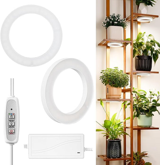 LORDEM 6.3” Ceiling Grow Light for Indoor Plants, 144 LEDs Full Spectrum Halo Grow Lamp, Under Cabinet Plant Lamp with 4/8/12H Auto Timer, 4 Dimmable Brightness Levels, Ideal for Pot Plants, Dual Head