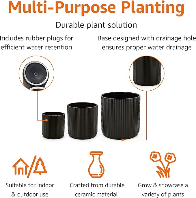 Amazon Basics Assorted Sizes Fluted Ceramic Round Planters, Set of 3, Black, 6-Inch, 8-Inch, 10-Inch