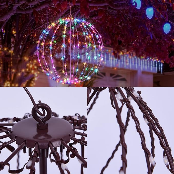 Christmas Ball Sphere, 12IN 96LED Hanging Tree and Pathway Lights With Hook and Stake, Foldable Metal Frame Ball for Outdoor Garden, UL Listed, Brown Frame, RGB