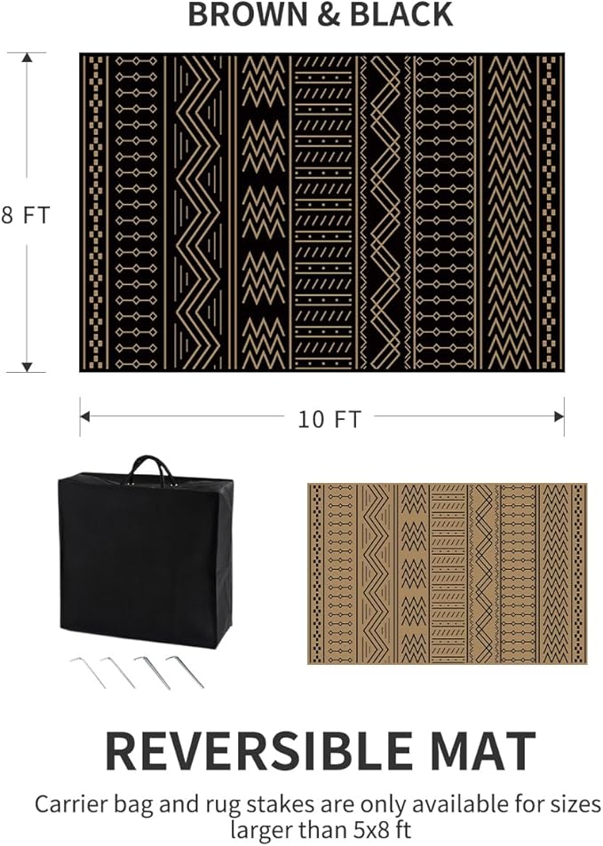 Outdoor Rug Carpet Waterproof 8x10 ft Patio Rug Mat Indoor Outdoor Area Rug for RV Camping Picnic Reversible Lightweight Plastic Straw Outside Rug for Patio Decor Decoration Boho Rug Black Brown