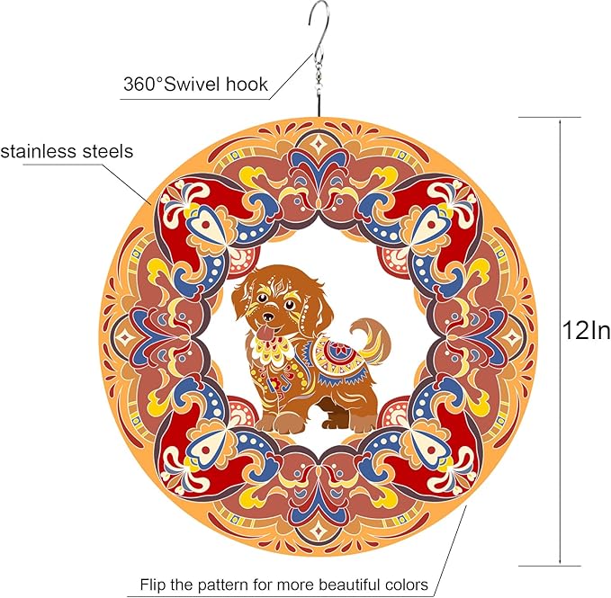 Dog Wind Spinner Colorful 12 inch 3D Stainless Steel Laser Cut Metal Double Sided Printing-Hanging Indoor/Outdoor Decorations Yard Gardening Decor,Metal Kinetic Art Ornament Gifts