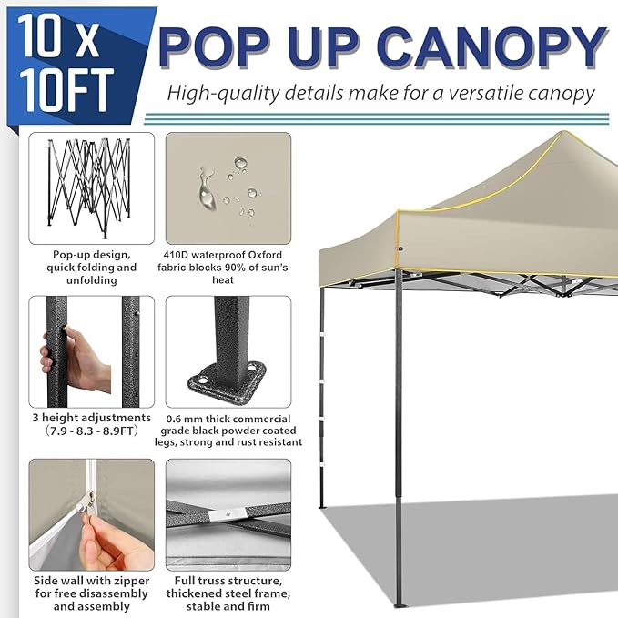 COBIZI 10x10 Heavy Duty Pop up Canopy with 4 Removable Sidewalls, Canopy Tent with Portable Bag, Ez Pop up Tent Commercial Gazebo Waterproof Sunshade for All Weather Party Camp Stall Patio,Khaki