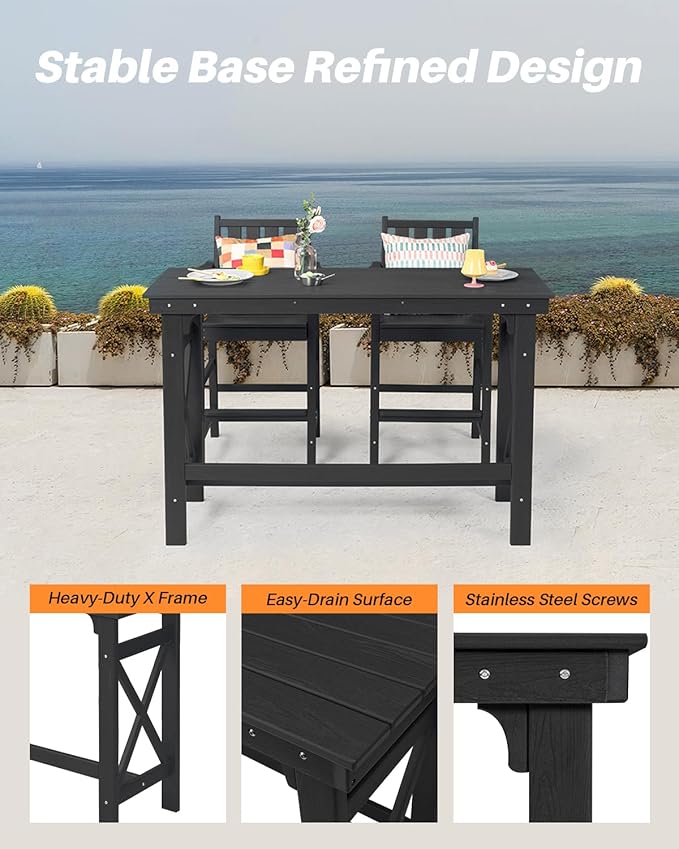 5-Piece HDPE Patio Bar Set, Rectangular Bar Height Table and 4 Adirondack Bar Chairs, All Weather Outdoor Bar Stools Set, Outdoor Bar Table and Chairs Set for Balcony, Pool, Porch, Obsidian
