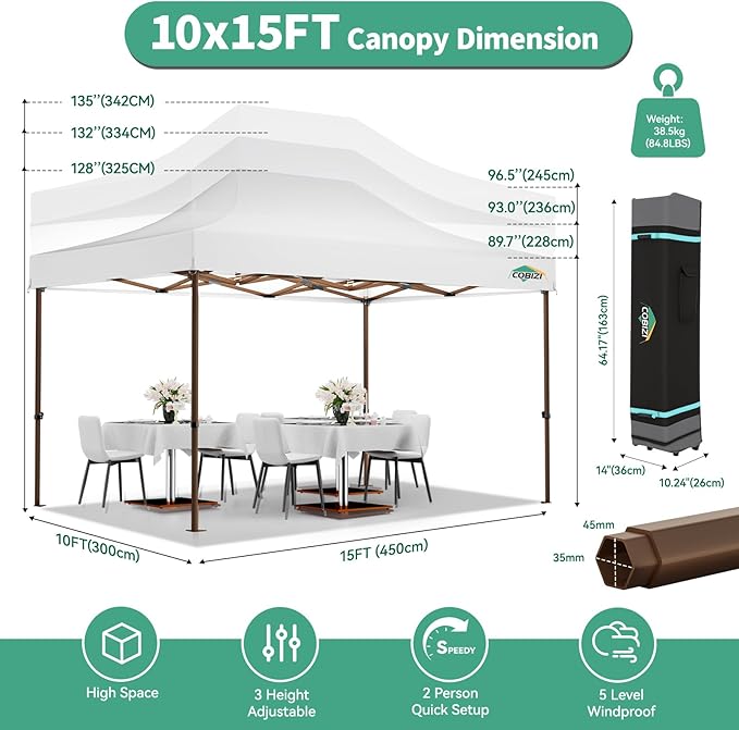 COBIZI 10x15 Pop Up Canopy Tent Heavy Duty with Sidewall, Commercial Outdoor Easy Pop Up Gazebo for Party Wedding All Weather Waterproof UV 50+ with Roller Bag(Leg Upgraded),White