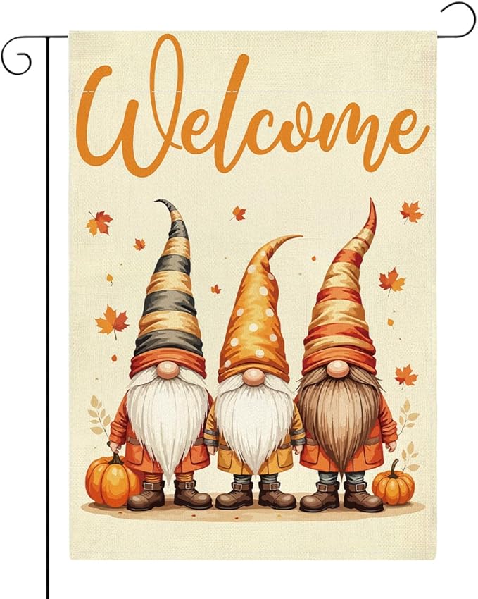 Welcome Fall Garden Flag Autumn Gnomes Garden Flag 12x18 inch Double Sided Fall Thankful Maple Leaves Flags Holiday Decorations for Yard Lawn Patio (Flay 1809)