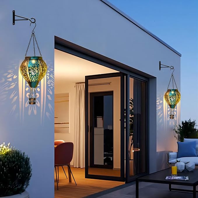 pearlstar Butterfly Lantern Outdoor Solar Hanging Hot Air Balloon Lantern Waterproof Solar Light Decorative for Porch Shed Fence Patio Yard Garden Lighting, Gardening Gift for Women Mom