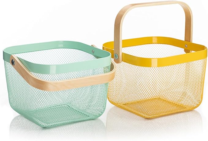 Metal Mesh Steel Basket, Storage Organizer Basket Multi-functional Hanging Kitchen Baskets Fruit Basket with Wooden Handle for Kitchen Bathroom Picnic Shopping Decor Cabinet Home, Macaron Blue
