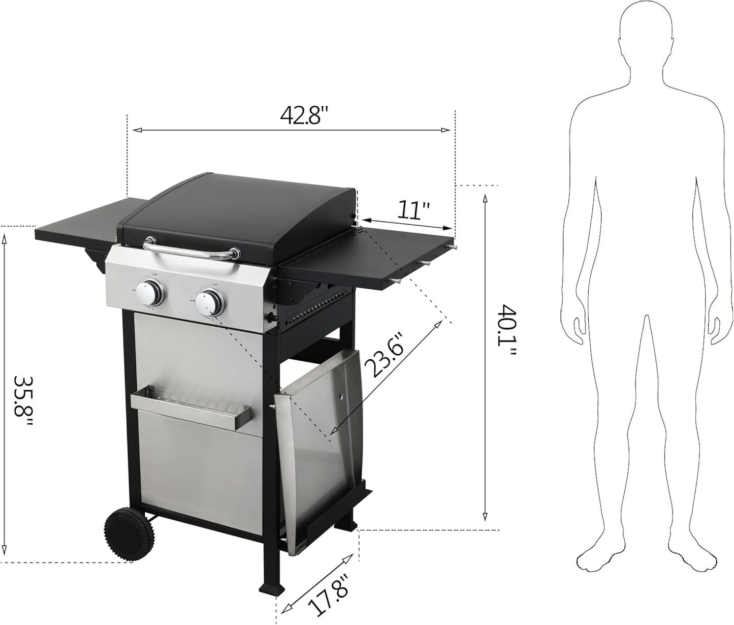 2-Burner Propane Gas BBQ Grill with SS Plancha, 24,600 BTU Output, Wire Enamel Cooking Grids, Foldable Side Table and Hanging Basket, Compact Stainless Steel Grill