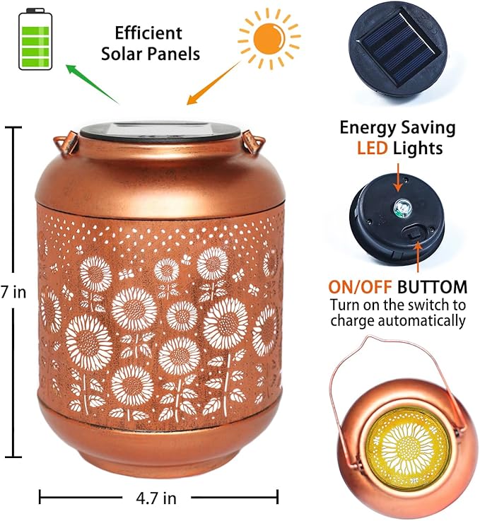 Sunflower Solar Lanterns Outdoor Waterproof Hanging Solar Lights Sunflower Gifts for Women Men Mom Metal Decorative LED Outdoor Lanterns for Patio,Lawn,Landscape, Garden Decor, Yard Decoration