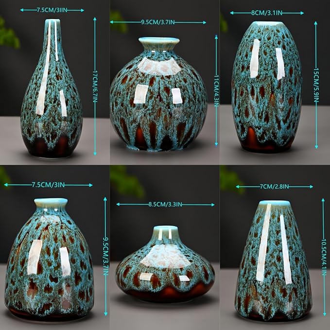 Ceramic Bud Vase Set, Fambe Blue Glazed Finish, Decorative Flower Vases (Blue-Set of 6)