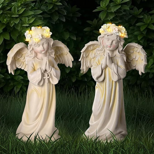 2pcs Angel Garden Statue, Warm Light Solar Garden Decor,Waterproof Outdoor Garden Decor Praying Angel Figurine Sculpture for Mom or Birthdays, Lawn Yard Patio, Sympathy Gift, White