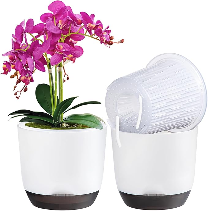 QCQHDU 2 Pack Orchid Pots with Holes for Repotting, Double-Layer and Self Watering Orchid Pot with Good Air Circulation
