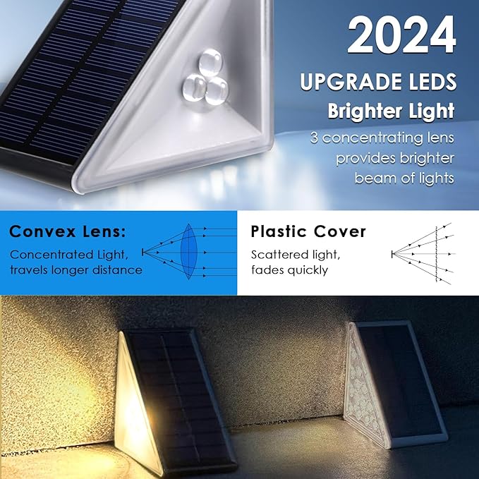 Solar Step Lights Outdoor Waterproof IP67, 12 Pack Solar Powered Stair Light with 3 LEDs, Triangle Solar Deck Light for Outside Garden Patio Yard Porch Front Door, Warm White
