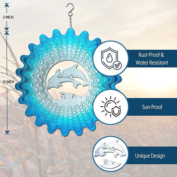 Dolphin Wind Spinners for Yard and Garden, Metal Dolphin Ornaments for Garden Décor, Outdoor Wind Spinner, Dolphin Gifts, Outdoor Garden Decoration, 12 inch Dolphin Wall Décor by ISEO