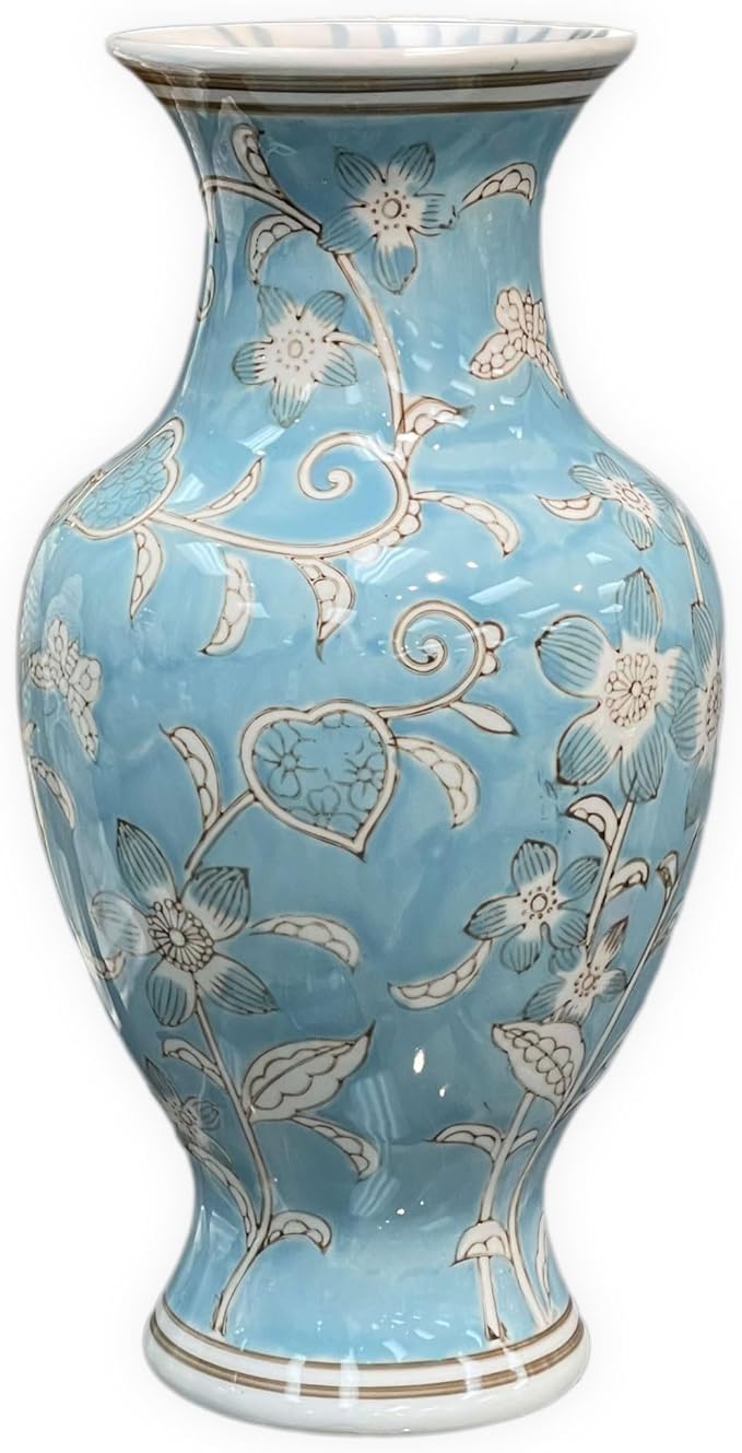Galt International Light Blue and White Flower & Heart Chinoiserie Ceramic Vase 14"- Hand Painted Antique Style Porcelain Flower Bottle Fishtail Porcelain Chinese Vase for Home Decor Centerpiece