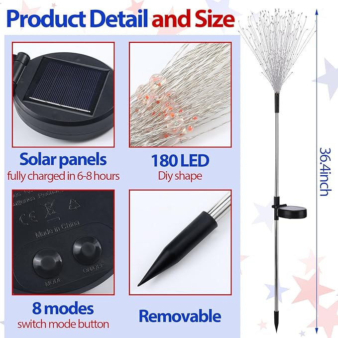 4th of July Decorations Outdoor 4 Pack Solar Power Yard Firework Lights Patriotic Garden Waterproof Solar Lights with 180 LED 8 Modes for Independence Day Party Decoration(Red, White, Blue)