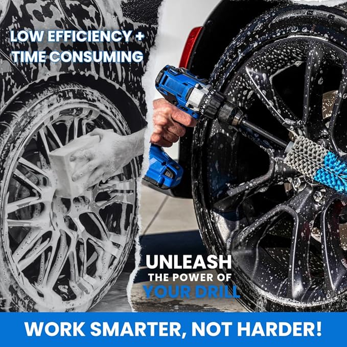 Long Reach Drill Brush Attachment, All Purpose for Car Tires, Wheels, Wheel Wells, Engine Bays, Exhaust Pipes, Running Boards, Hard to Reach Areas, with Heavy Duty Non-Scratch Nylon Bristles