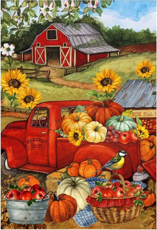 Morigins Autumn Harvest Farm Truck Fall Pumpkin Garden Decorations Double Sided Farmhouse Outdoor House Flag 28 x 40 Inch