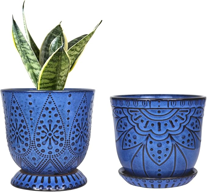 Gepege 6 Inch Beaded Ceramic Planter Set of 2 with Drainage Hole and Saucer for Plants, Indoor-Outdoor Large Round Succulent Orchid Flower Pot (Blue, for Inner-pots not Larger Than 5 Inch)