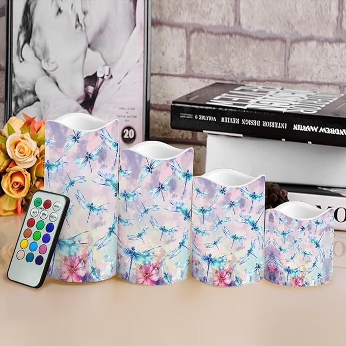 Ystardream Beautiful Dragonfly Flameless Candles Battery Operated with Timer, Remote Control, LED Flashing Candle Sets, Warm Color Flickering Candles Light for Party Room Table Decor Set of 2