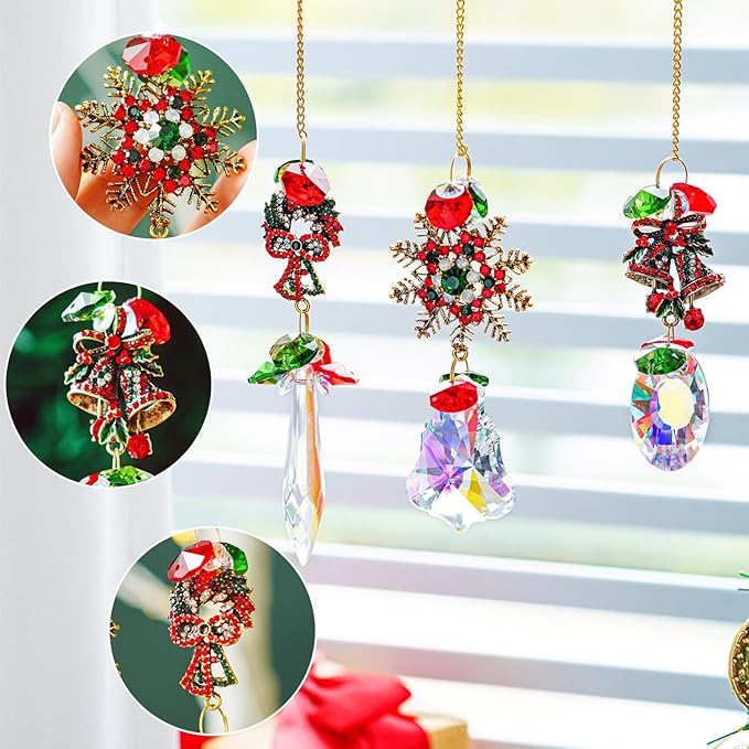 3 Pack Crystal Christmas Ornaments, Glass Rainbow Rhinestones Sun Catcher Prisms with Christmas Wreath Snowflake Bells,Suncatcher Hanging Crystal Pendants for Window Christmas Home Decor