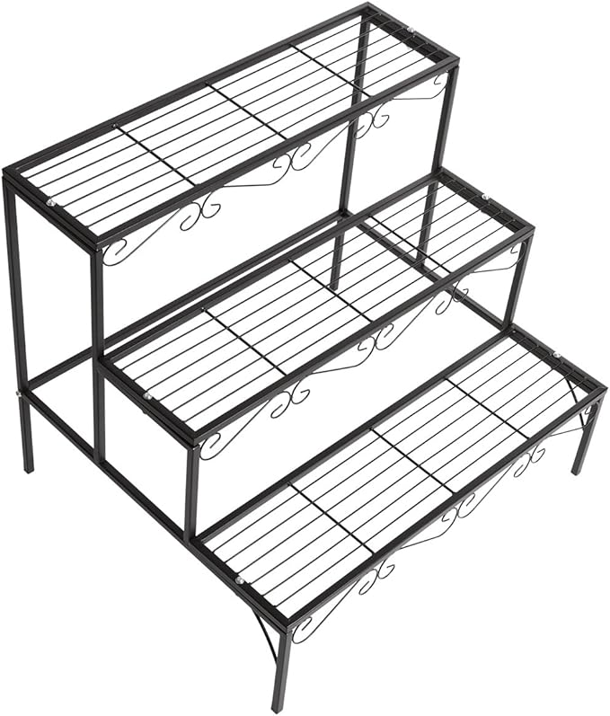 DOEWORKS 3 Tier Stair Style Metal Plant Stand, Garden Shelf for Large Flower Pot Display Rack Indoor Outdoor, Black