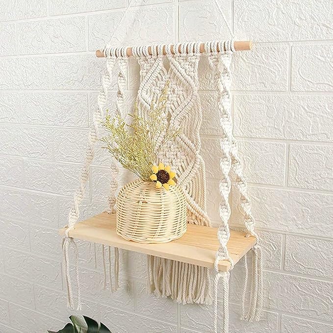 Mong Handmade Macrame Wall Hanging Shelf, Boho Indoor Rope Plant Pot Basket Hanger Holder, Rope Plant Hanger for Wall Decor Indoor Outdoor