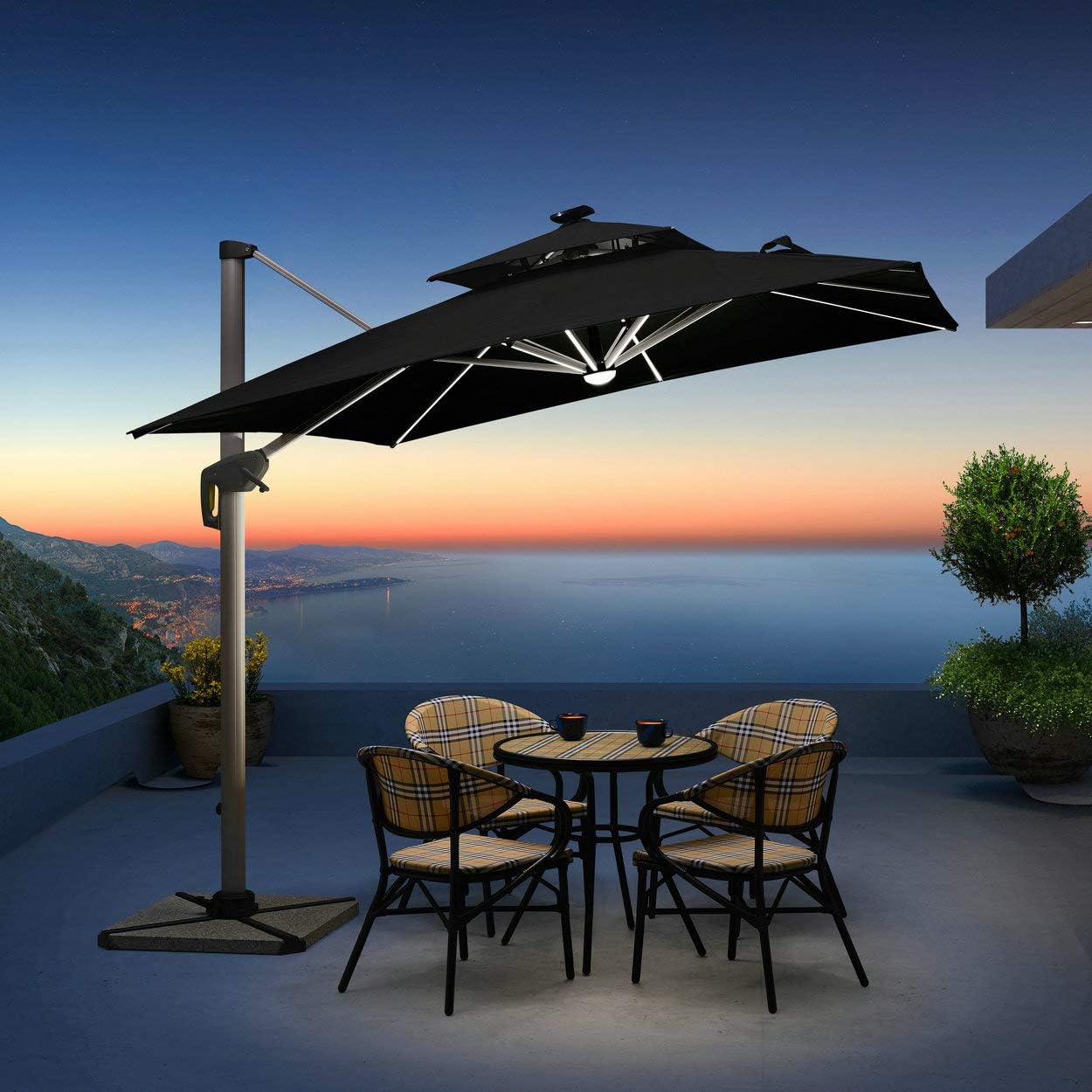 PURPLE LEAF 9 Feet Double Top Deluxe Solar Powered LED Square Patio Umbrella Offset Hanging Umbrella Outdoor Market Umbrella Garden Umbrella, Grey