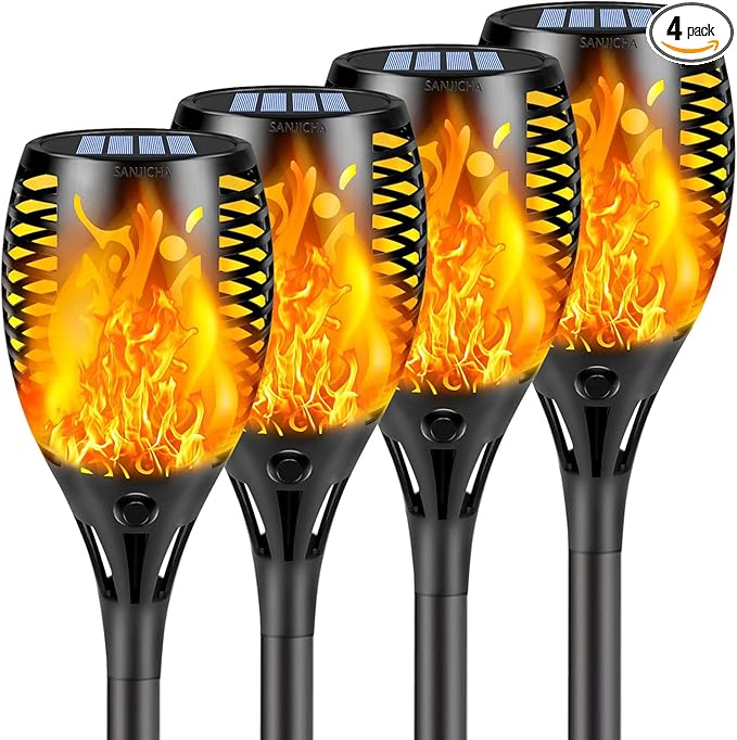 SANJICHA 4 Pack Super Larger Size Solar Flame Torch Extra Bright Tiki Lights Outdoor Decorative with Flickering Flame, Solar Outdoor Lights Waterproof Lamps for Outdoor use Garden Pathway Yard