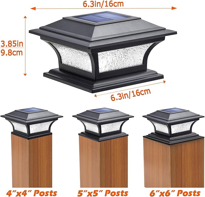 SIEDiNLAR Solar Post Lights Outdoor Glass LED Fence Cap Light 2 Modes for 4x4 5x5 6x6 Posts Deck Patio Garden Decoration Warm White/Cool White Lighting Black (2 Pack)