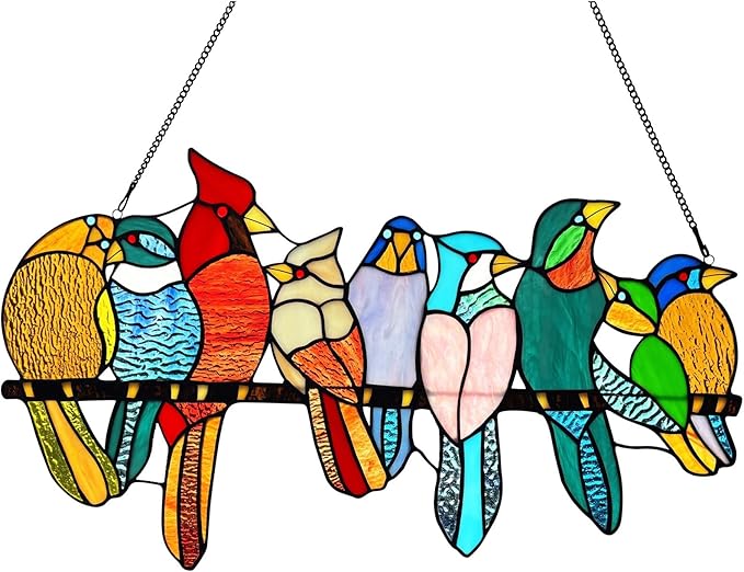 Stained Glass Birds Window Hangings, 9 Multicolor Stained Glass Birds on Branch Suncatcher, Handmade Tiffany Style Glass Birds Lovers Gifts Decor for Mother, Women