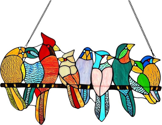 Stained Glass Birds Window Hangings, 9 Multicolor Stained Glass Birds on Branch Suncatcher, Handmade Tiffany Style Glass Birds Lovers Gifts Decor for Mother, Women