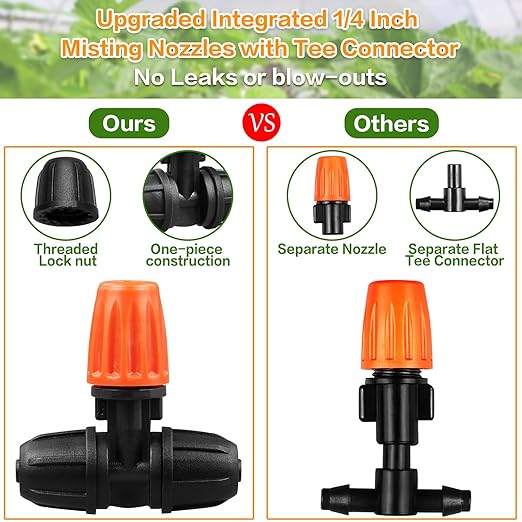Upgraded 1/4" Drip Irrigation Fittings：60 Pieces Set-15 Couplings 15 Tees 5 Crosses 10 Elbows 10 End Plugs 5 Micro Dripper, Leak Free Barbed Locked Connectors for 1/4 Inch Irrigation Tubing