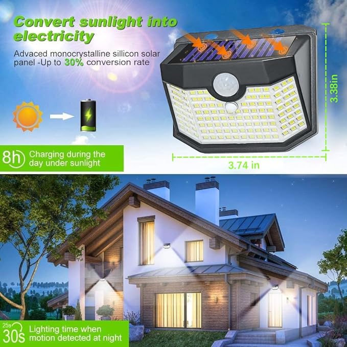 HMCITY 120 LED Outdoor Solar Lights with Motion Sensor and 3 Lighting Modes, IP65 Waterproof Wide Solar Wall Lights Ideal for Garden Patio Yard (Front Button 8Packs, Daylight White)