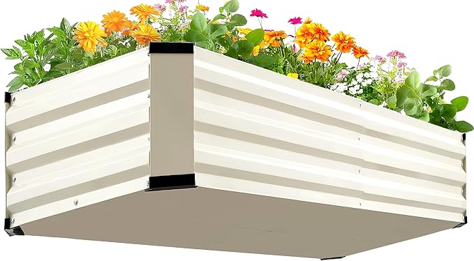KING BIRD Raised Garden Bed Kit with Bottom 2025 Upgraded Galvanized Planter Garden Box Outdoor & Indoor for Gardening, Vegetables, Flowers, Beige, 47.2x23.6x11.8 in