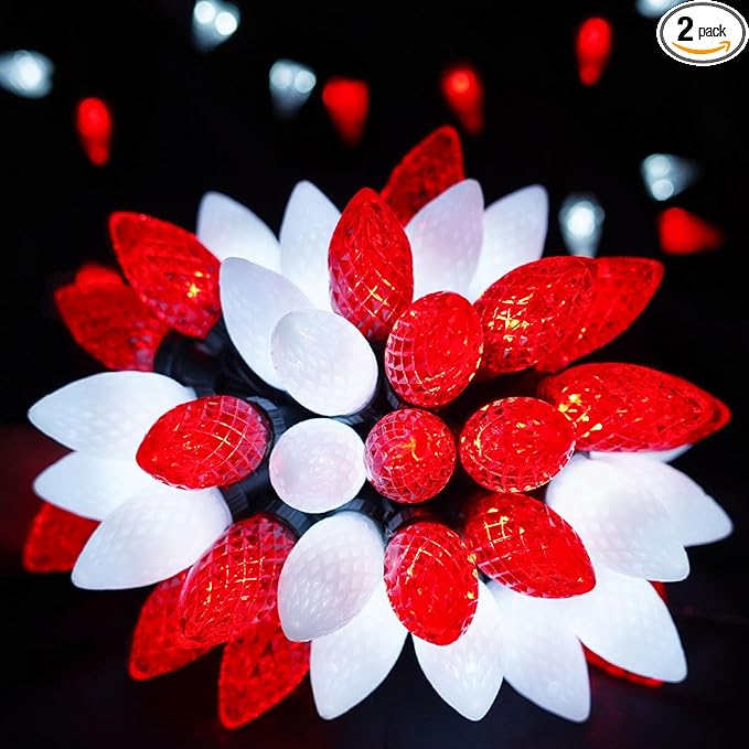 YIQU 2-Pack 66FT C9 Christmas String Lights Outdoor, 100LED Waterproof Green Wire Plug in Led Fairy String Lights for Xmas Tree Indoor Garden Patio Wedding Party Decoration (Red and White)