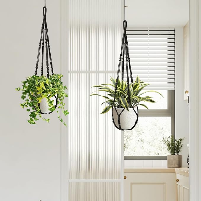 Macrame Plant Hanger Indoor Set of 2 with 4 Hooks, Indoor Outdoor Hanging Planter for Plants Holder with Decorative Wood Beads & No Tassels, Boho Home Decor, 35 Inch Black (Pots Not Included)