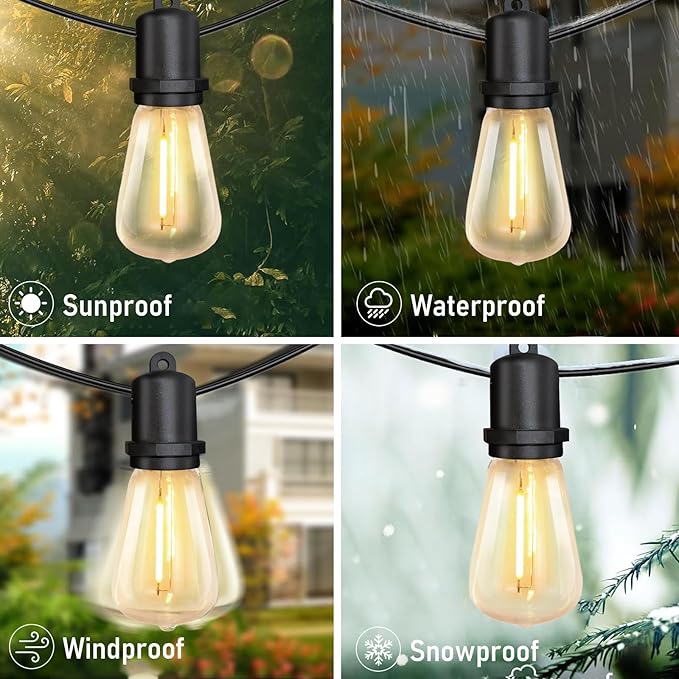 GOOTHY 25Ft LED Outdoor String Lights with 13 Edison Shatterproof Bulbs (1 Spare), ST38 Hanging Patio Lights Waterproof for Outdside Porch Deck Backyard Garden Commercial Grade Decorations Lights