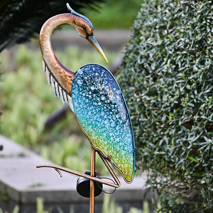 TERESA'S COLLECTIONS Blue Heron Outdoor Solar Lights for Garde Decor, Metal Yard Decorations Outdoor Decorative Garden Stake for Outside, Yard Art Pathway Lights for Patio Decor 39.3",Gifts for Mom