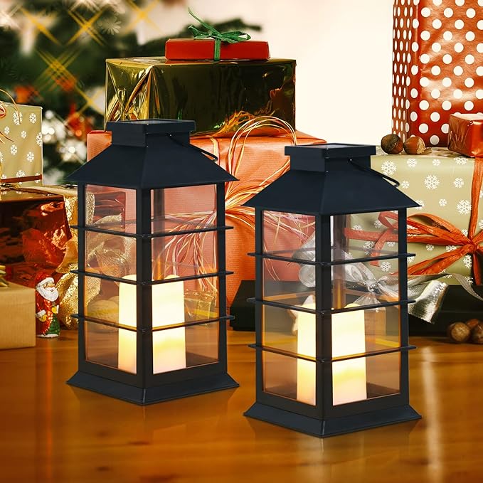 2 Pack Outdoor Garden Hanging Lanterns with Waterproof LED Flickering Flameless Candle Solar Powered Lights Yard Decor Outdoor Decorative for Pathway Courtyard Party Patio Christmas (Black)