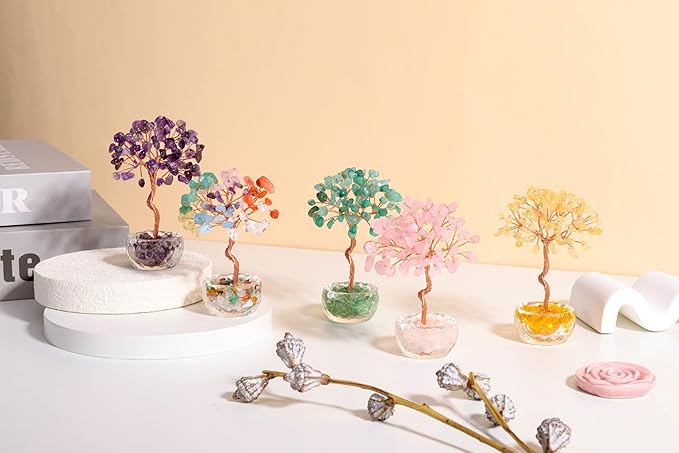 Jovivi Small Green Aventurine Crystal Tree, Natural Crystal Healing Stones Tree Glass Bowl Base Gemstone Money Trees Feng Shui Good Luck Home Desk Decor