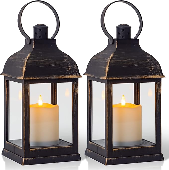 Vintage Lantern Decorative LED Flickering Flameless Candle with Timer, Battery Powered LED Decorative Hanging Golden Brushed Black Lanterns for Indoor Outdoor Garden Yard Home Decor(2 Pack)
