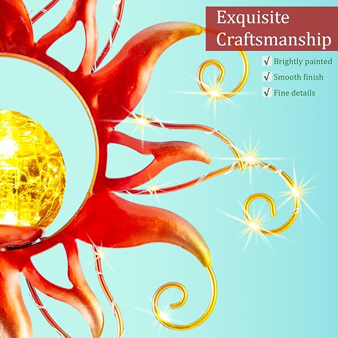 Solar Lights Outdoor Waterproof Red Sun Metal Crackle Glass Stake Decorative for Outside,Yard,Lawn,Patio,Walkway Mothers'Day Gifts Mom Grandma Garden Lover