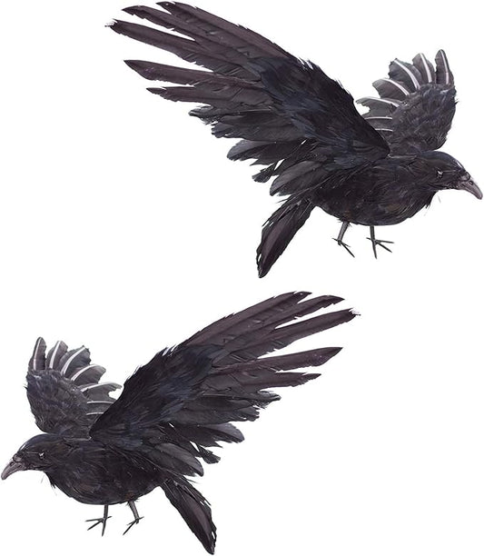 2-Pack Realistic Crows Lifesize Extra Large Handmade Black Feathered Crow for Halloween Decorations Birds, XL (15 inch+15 inch)