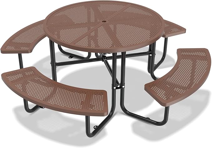 46'' Steel Round Picnic Table for Outdoors, Expanded, Lifetime Picnic Table with Umbrella Hole, Heavy Duty Sturdy Commercial Picnic Tables for Garden Courtyard BBQ, Coffee