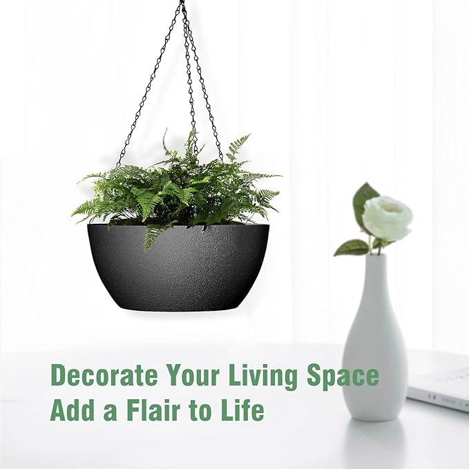 13 inch Large Hanging Planters Plant Pots for Outdoor Indoor Plants with Drainage Holes and Chain, 2 Pack Round Hanging Flower Pots for Garden Home Porch Decor, Black