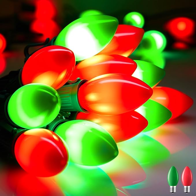 Vintage C9 LED Christmas Lights Outdoor, 50 Feet C9 String Lights with 50 Shatterproof Matte Bulbs, Connectable Waterproof Lights for Holiday Party Roofline Backyard Garden Patio, Red & Green